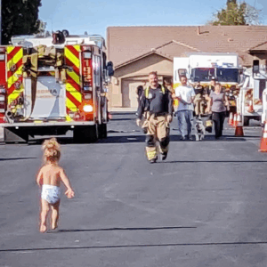 Cute photo shows toddler sprinting to her firefighter dad: ‘She had the biggest grin from ear-to-ear’