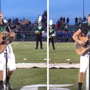 High schooler takes off his helmet and grabs a guitar to sing national anthem
