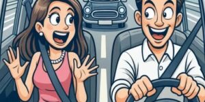 A married couple is driving along a highway doing a steady 40 miles per hour